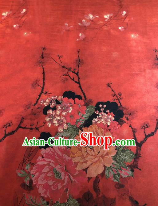 Asian Chinese Traditional Peony Pattern Design Red Gambiered Guangdong Gauze Fabric Silk Material