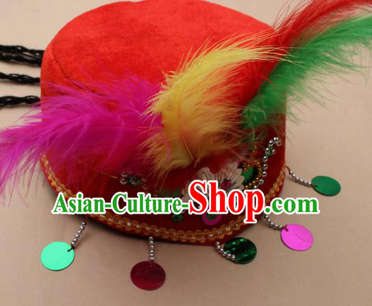 Handmade Chinese Traditional Uyghur Minority Feather Red Silk Hat Ethnic Nationality Folk Dance Headwear for Women
