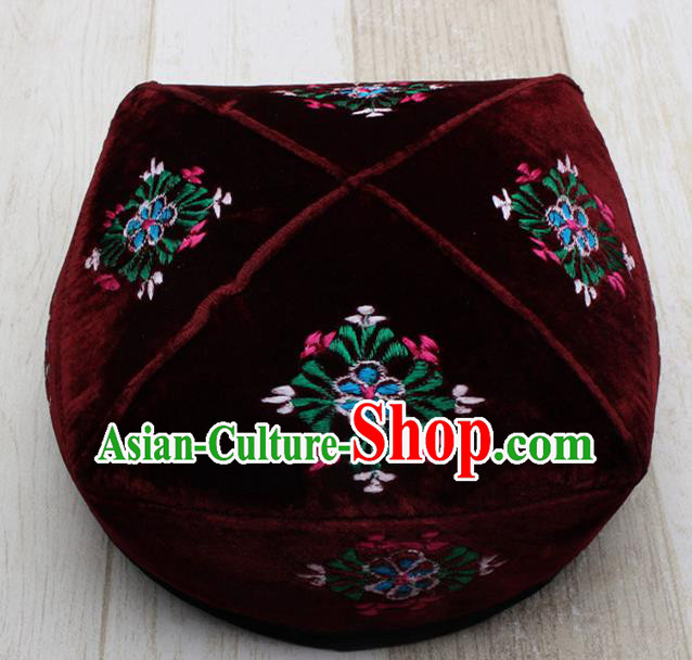 Chinese Traditional Uyghur Minority Embroidered Wine Red Hat Ethnic Xinjiang Folk Dance Headwear for Men