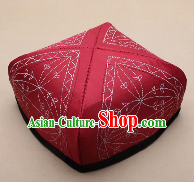 Chinese Traditional Uyghur Minority Red Silk Hat Ethnic Xinjiang Folk Dance Headwear for Men