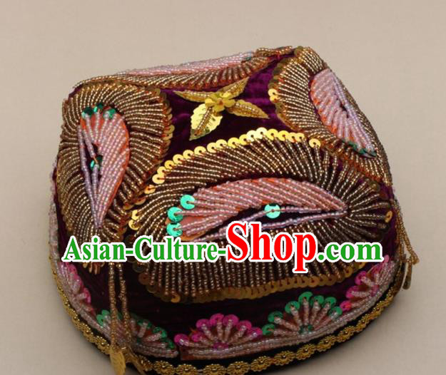 Handmade Chinese Traditional Uyghur Minority Beads Purple Hat Ethnic Nationality Folk Dance Headwear for Women