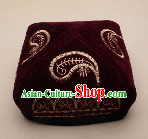 Chinese Traditional Uyghur Minority Dance Embroidered Wine Red Velvet Hat Xinjiang Ethnic Headwear for Men