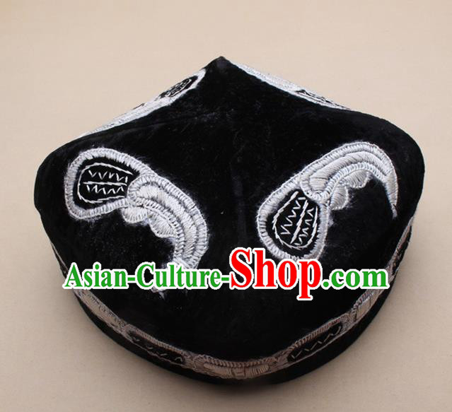 Chinese Traditional Uyghur Minority Dance Black Embroidered Hat Xinjiang Ethnic Headwear for Men