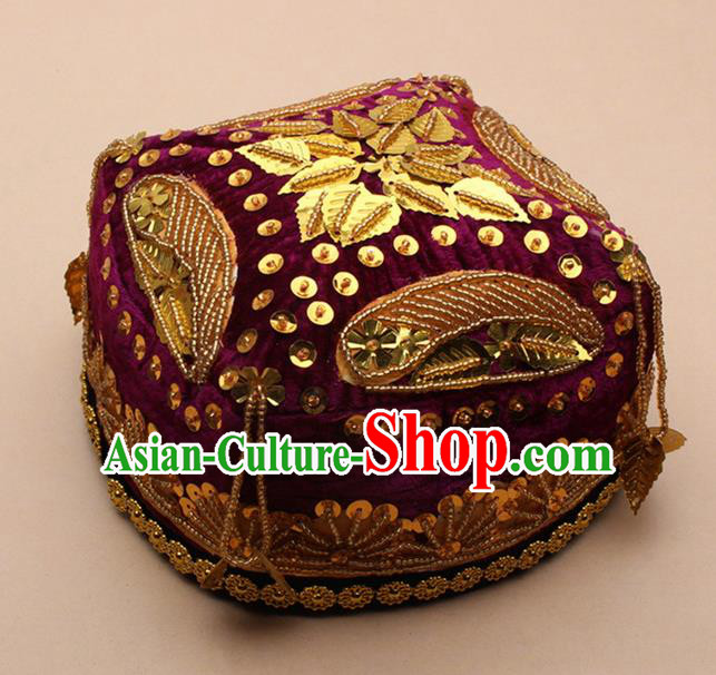 Handmade Chinese Traditional Uyghur Minority Dance Beads Purple Hat Ethnic Nationality Headwear for Women