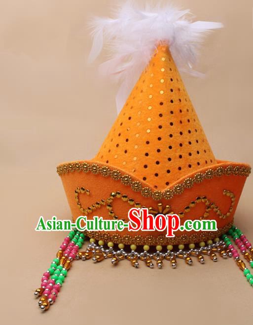 Handmade Chinese Traditional Mongol Minority Dance Yellow Hat Ethnic Nationality Headwear for Women
