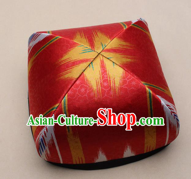 Handmade Chinese Traditional Uyghur Minority Dance Red Silk Hat Ethnic Nationality Headwear for Women