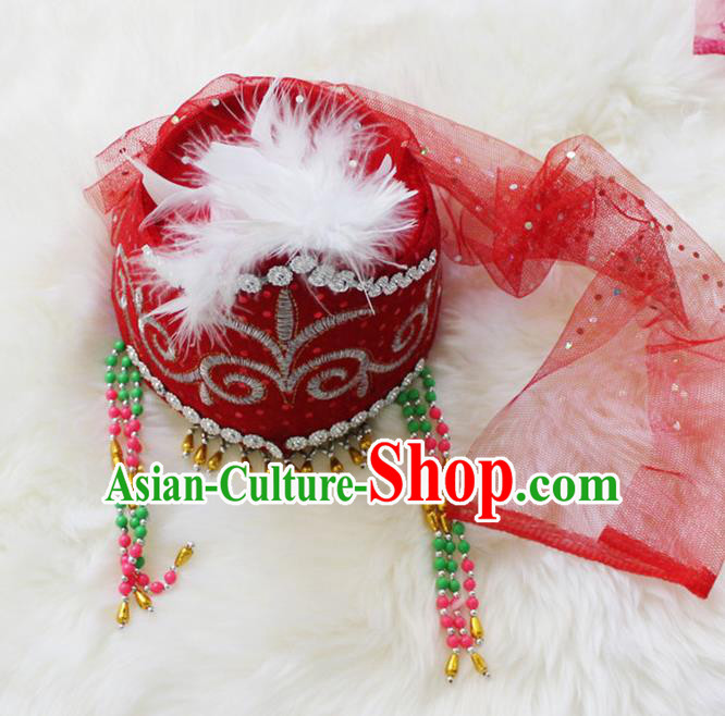 Handmade Chinese Traditional Kazak Minority Dance Red Veil Hat Ethnic Nationality Headwear for Women