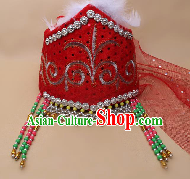 Handmade Chinese Traditional Kazak Minority Dance Red Veil Hat Ethnic Nationality Headwear for Women