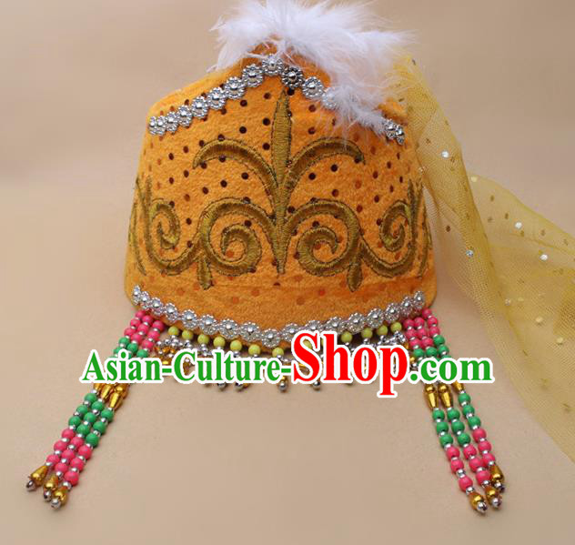 Handmade Chinese Traditional Kazak Minority Dance Yellow Veil Hat Ethnic Nationality Headwear for Women