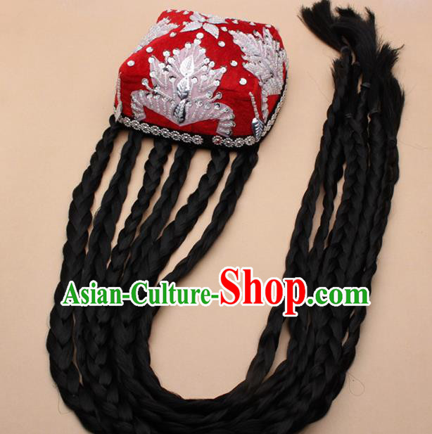 Chinese Traditional Uyghur Minority Dance Braid Red Hat Xinjiang Ethnic Nationality Headwear for Women