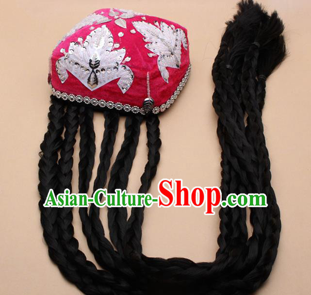 Chinese Traditional Uyghur Minority Dance Braid Rosy Hat Xinjiang Ethnic Nationality Headwear for Women