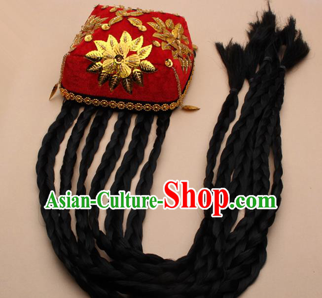 Chinese Traditional Uyghur Minority Dance Braid Paillette Red Hat Xinjiang Ethnic Nationality Headwear for Women