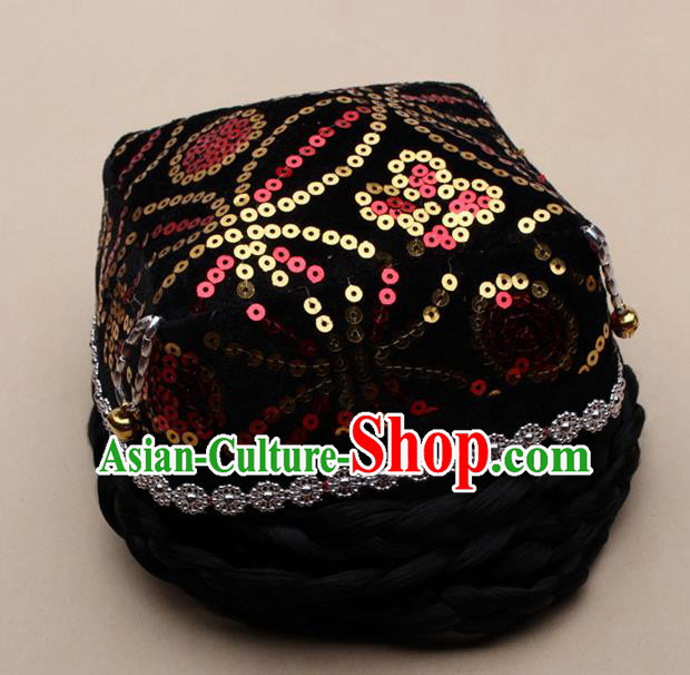 Chinese Traditional Uyghur Minority Dance Bells Black Hat Xinjiang Ethnic Nationality Headwear for Women