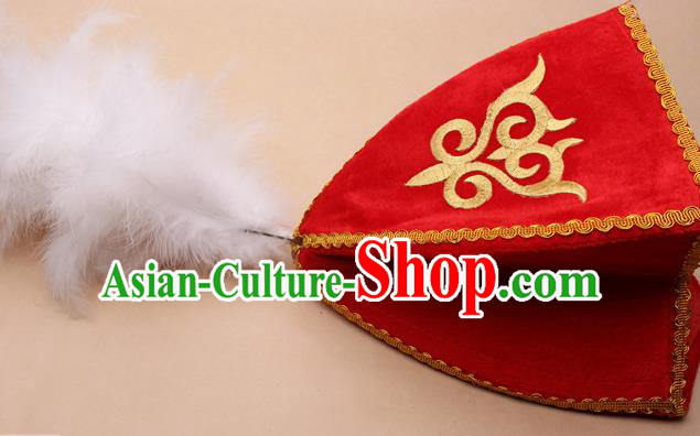 Handmade Chinese Traditional Kazak Minority Feather Red Hat Ethnic Nationality Folk Dance Headwear for Women