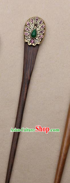 Chinese Traditional Sandalwood Peacock Hairpins Ancient Swordsman Hair Accessories for Women