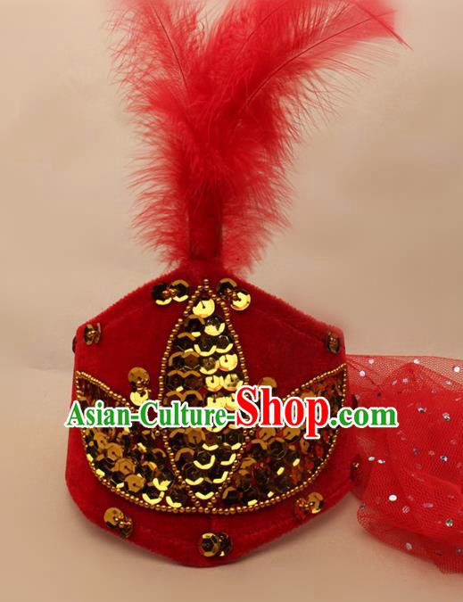 Chinese Traditional Xinjiang Ethnic Dance Red Feather Hat Uyghur Minority Nationality Headwear for Women