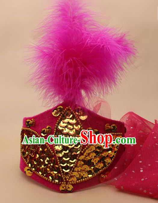 Chinese Traditional Xinjiang Ethnic Dance Rosy Feather Hat Uyghur Minority Nationality Headwear for Women