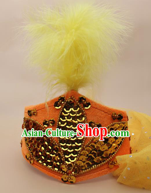 Chinese Traditional Xinjiang Ethnic Dance Yellow Feather Hat Uyghur Minority Nationality Headwear for Women