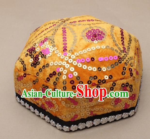 Chinese Traditional Xinjiang Ethnic Dance Hexagon Yellow Hat Uyghur Minority Nationality Headwear for Kids
