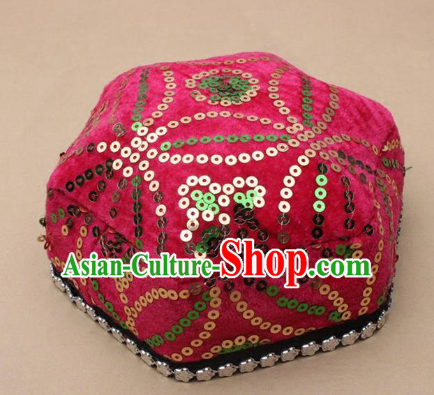 Chinese Traditional Xinjiang Ethnic Dance Hexagon Rosy Hat Uyghur Minority Nationality Headwear for Kids