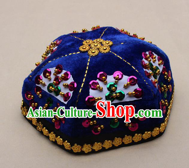 Chinese Traditional Xinjiang Ethnic Dance Paillette Royalblue Hexagon Hat Uyghur Minority Nationality Headwear for Kids