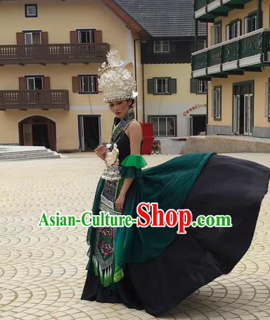 Traditional Chinese Miao Nationality Green Dress Guizhou Ethnic Folk Dance Stage Show Costume for Women