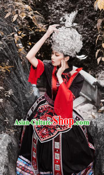 Traditional Chinese Miao Nationality Brown Dress Guizhou Ethnic Folk Dance Stage Show Costume for Women
