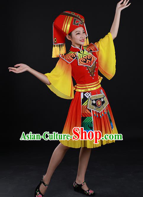 Traditional Chinese Zhuang Nationality Liu Sanjie Red Dress Guangxi Ethnic Folk Dance Stage Show Costume for Women