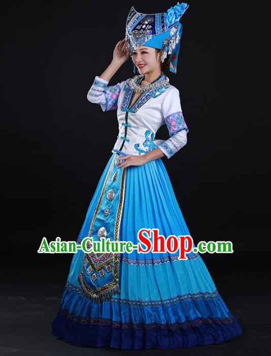 Traditional Chinese Zhuang Nationality Liu Sanjie Blue Long Dress Guangxi Ethnic Folk Dance Stage Show Costume for Women