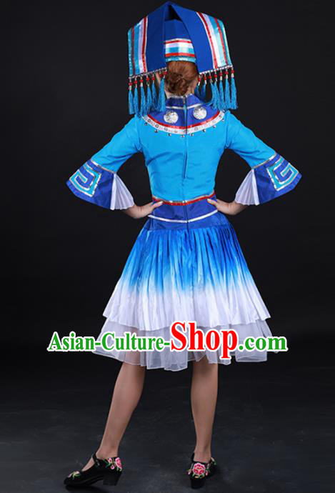 Traditional Chinese Zhuang Nationality Liu Sanjie Blue Dress Guangxi Ethnic Folk Dance Stage Show Costume for Women