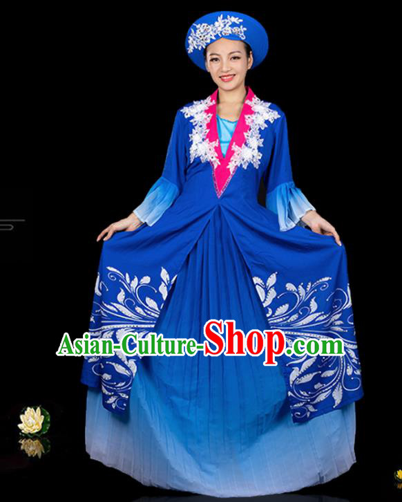 Traditional Chinese Jing Nationality Royalblue Dress Ethnic Ha Festival Folk Dance Stage Show Costume for Women