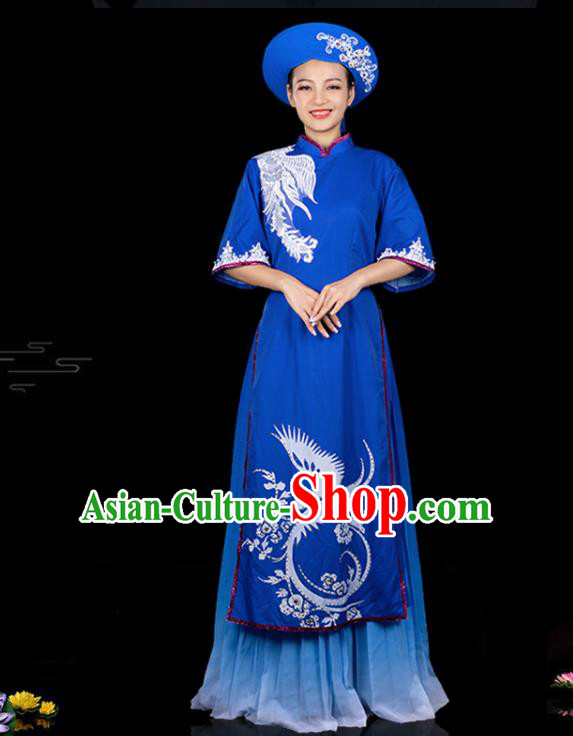 Traditional Chinese Jing Nationality Printing Blue Dress Ethnic Ha Festival Folk Dance Stage Show Costume for Women