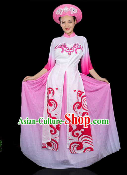 Traditional Chinese Jing Nationality Printing Pink Dress Ethnic Ha Festival Folk Dance Stage Show Costume for Women