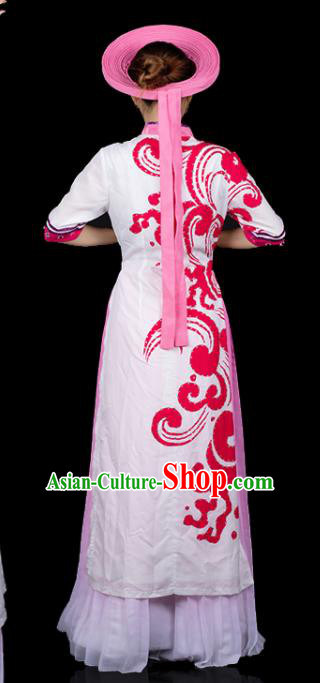 Traditional Chinese Jing Nationality Pink Qipao Dress Ethnic Ha Festival Folk Dance Stage Show Costume for Women