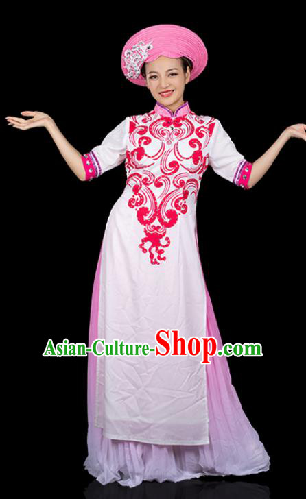 Traditional Chinese Jing Nationality Qipao Dress Ethnic Ha Festival Folk Dance Stage Show Costume for Women