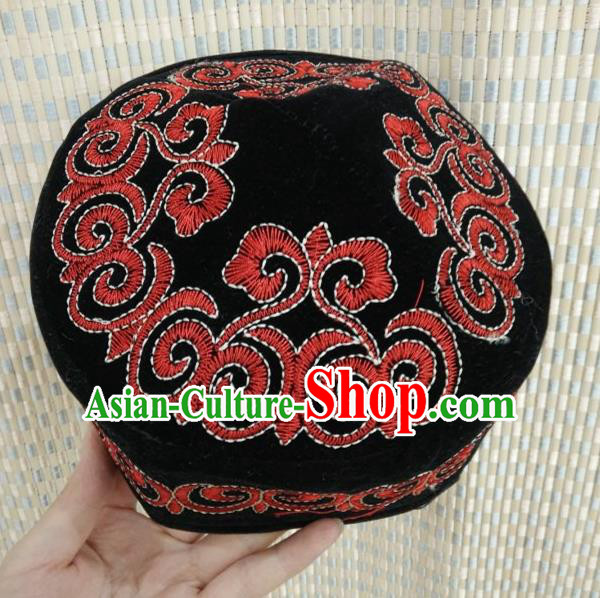 Chinese Traditional Kazak Minority Embroidered Black Hat Ethnic Xinjiang Stage Show Headwear for Men