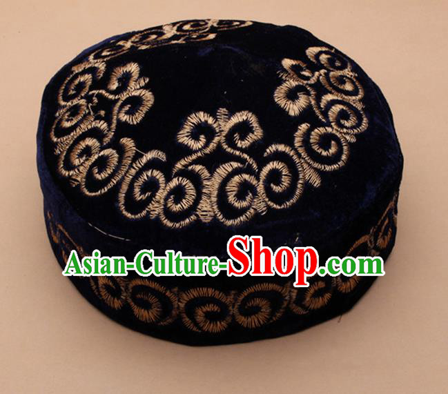 Chinese Traditional Kazak Minority Embroidered Navy Velvet Hat Ethnic Xinjiang Stage Show Headwear for Men