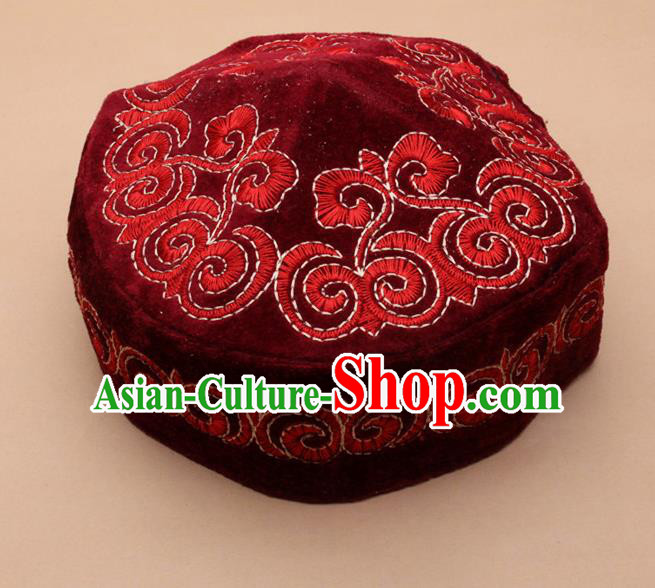 Chinese Traditional Kazak Minority Embroidered Red Velvet Hat Ethnic Xinjiang Stage Show Headwear for Men