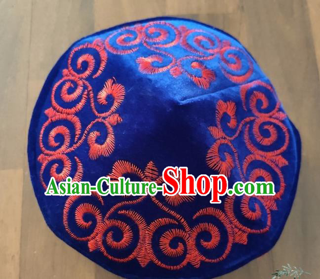 Chinese Traditional Kazak Minority Embroidered Deep Blue Velvet Hat Ethnic Xinjiang Stage Show Headwear for Men