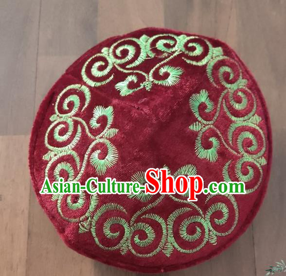 Chinese Traditional Kazak Minority Embroidered Purplish Red Velvet Hat Ethnic Xinjiang Stage Show Headwear for Men