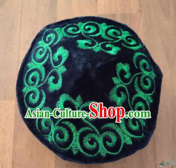 Chinese Traditional Kazak Minority Embroidered Black Velvet Hat Ethnic Xinjiang Stage Show Headwear for Men