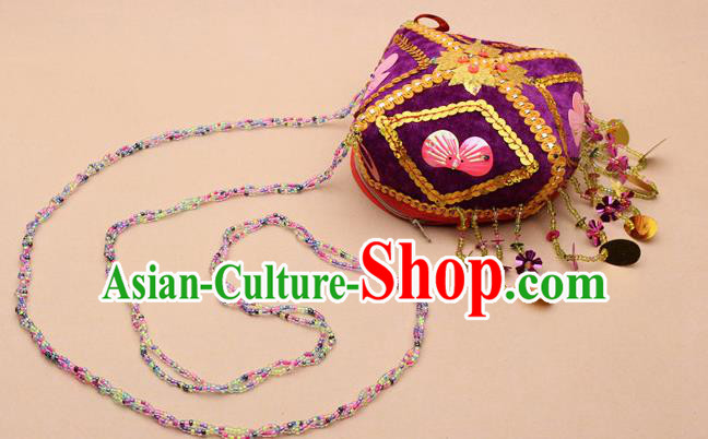 Chinese Traditional Uyghur Minority Embroidered Paillette Purple Hat Ethnic Nationality Folk Dance Stage Show Headwear for Women