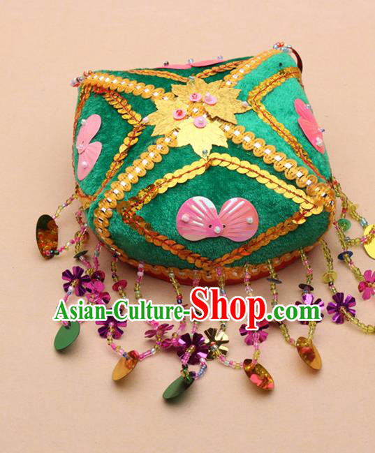 Chinese Traditional Uyghur Minority Handmade Paillette Green Hat Ethnic Nationality Folk Dance Stage Show Headwear for Women
