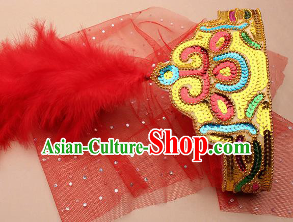 Handmade Chinese Traditional Uyghur Minority Red Feather Hat Ethnic Nationality Folk Dance Headwear for Women