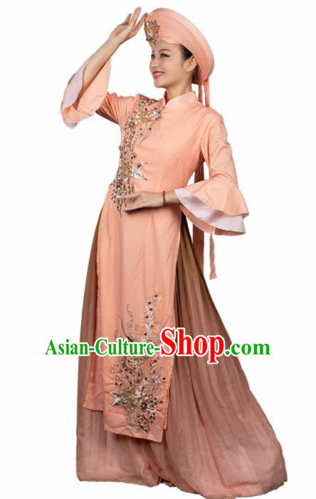 Traditional Chinese Jing Nationality Apricot Qipao Dress Ethnic Ha Festival Folk Dance Stage Show Costume for Women