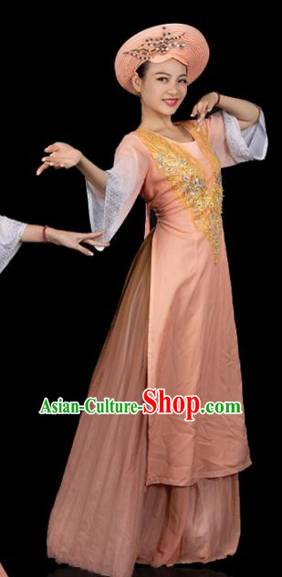 Traditional Chinese Jing Nationality Apricot Dress Ethnic Ha Festival Folk Dance Stage Show Costume for Women