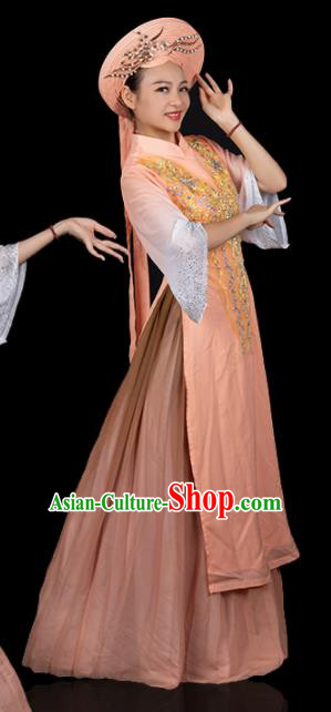 Traditional Chinese Jing Nationality Folk Dance Apricot Dress Ethnic Ha Festival Stage Show Costume for Women