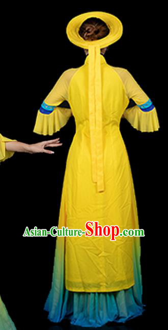 Traditional Chinese Jing Nationality Folk Dance Yellow Qipao Dress Ethnic Ha Festival Stage Show Costume for Women
