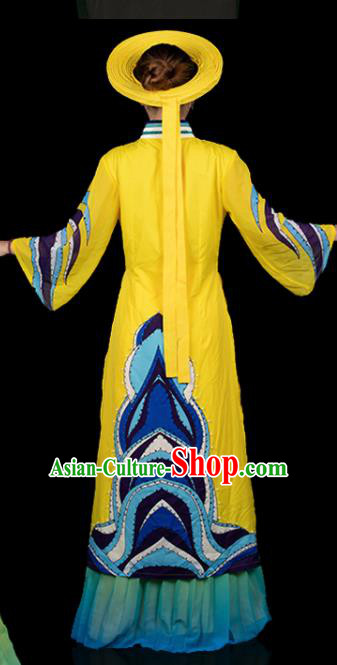 Traditional Chinese Jing Nationality Front Opening Yellow Dress Ethnic Ha Festival Folk Dance Costume for Women