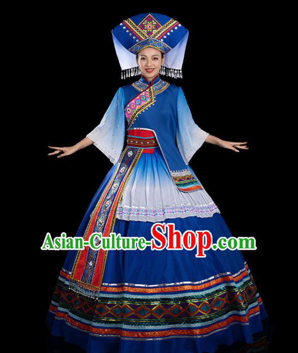 Traditional Chinese Zhuang Nationality Stage Show Navy Dress Ethnic Festival Folk Dance Costume for Women